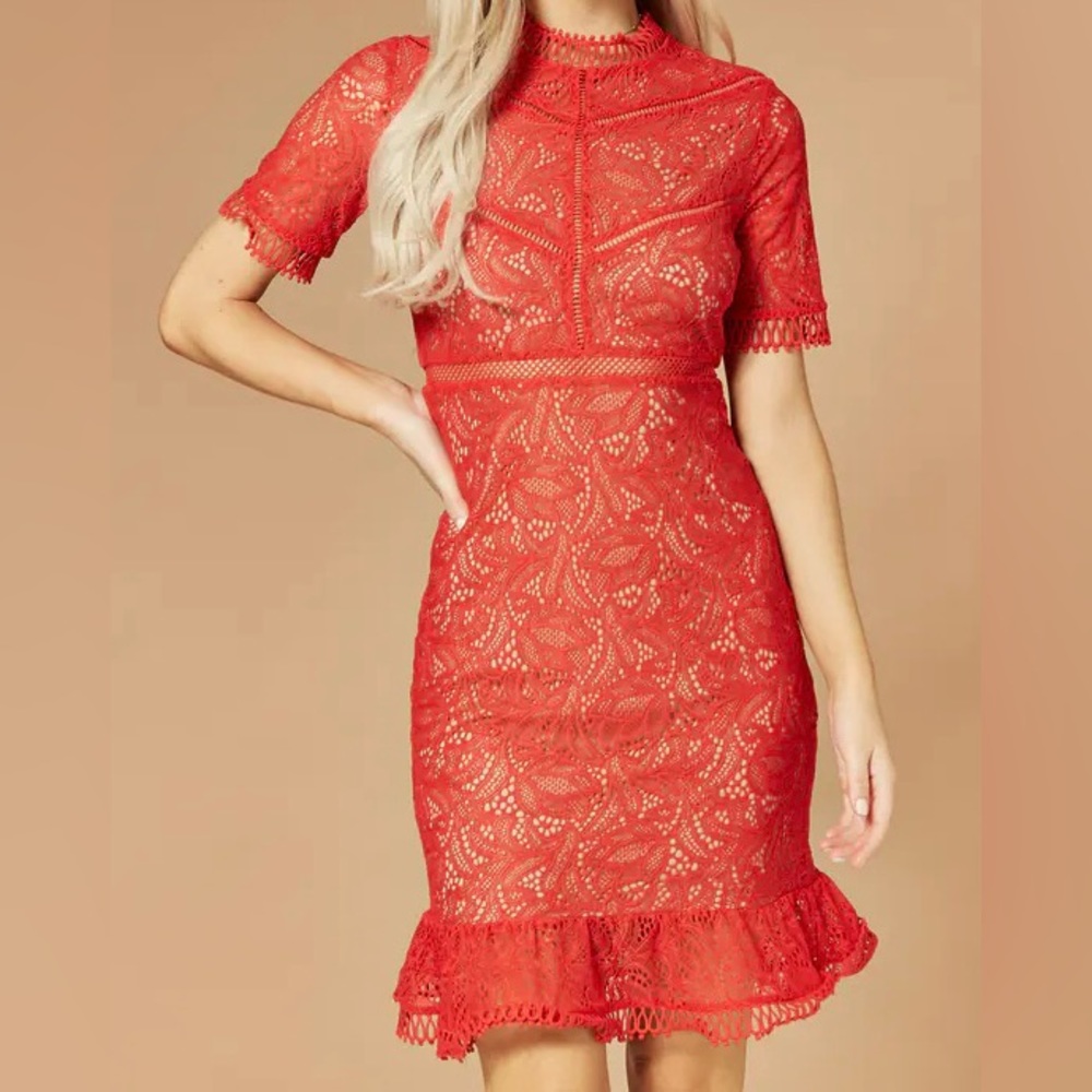 Bardot red lace sleeve dress, worn once. Size US S/6